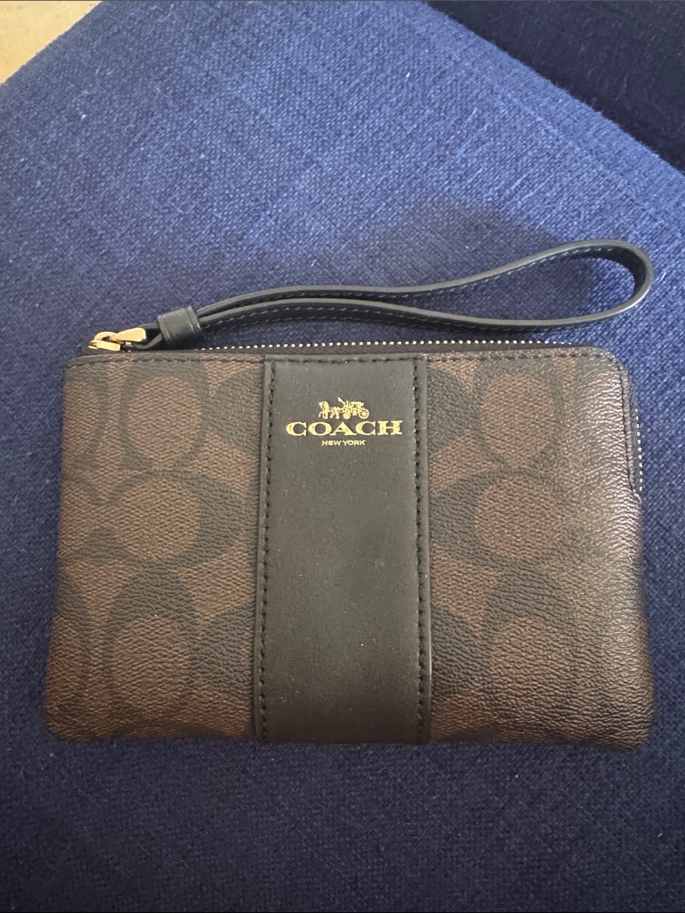 Coach Brown Signature Wristlet with Black Stripe and Gold Logo